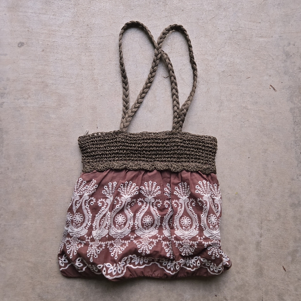 Embroidered Brown Straw-Trim Tote Bag
